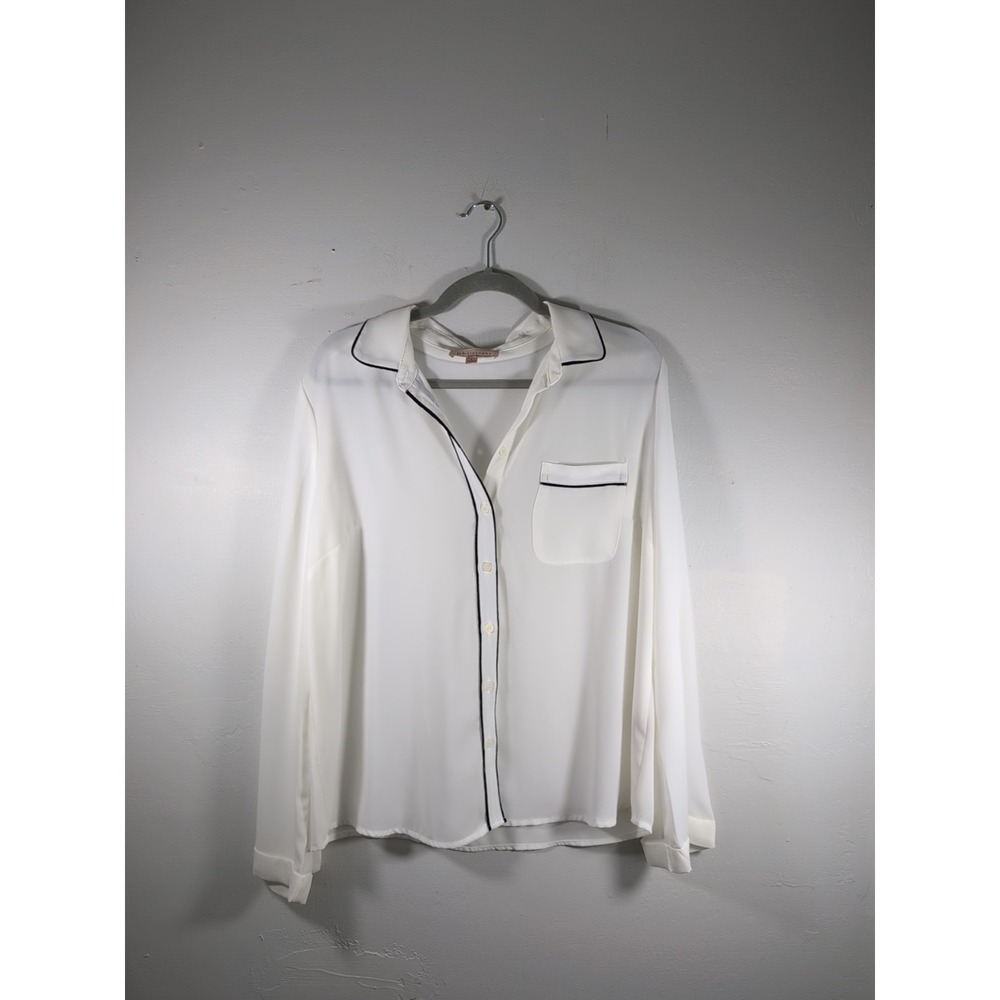 Philosophy Long Sleeve Button Front Shirt White with Black Piping Size large